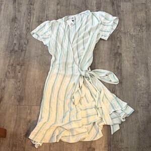CAbi Asymmetrical Striped Dress in Blue and Cream